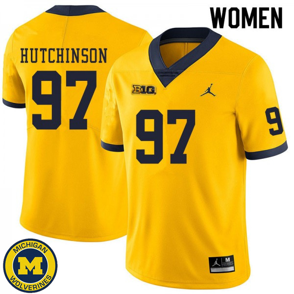 Womens Michigan Wolverines #97 Aidan Hutchinson Yellow Alumni Jersey